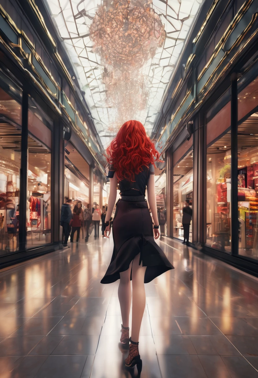 1 girl, full body back with details on the back walking in a shopping mall details, red hair fantasy very long very long slightly curly, vintage clothes lol jinx style, intricate details, stareye, blush, perfect lighting, fancy red hair, red eyes, unreal engine, side lighting, diamond type face full of freckles detailed, bangs, shiny skin, simple background, Dark background, well-centered photo in hyper realistic 8K closeup