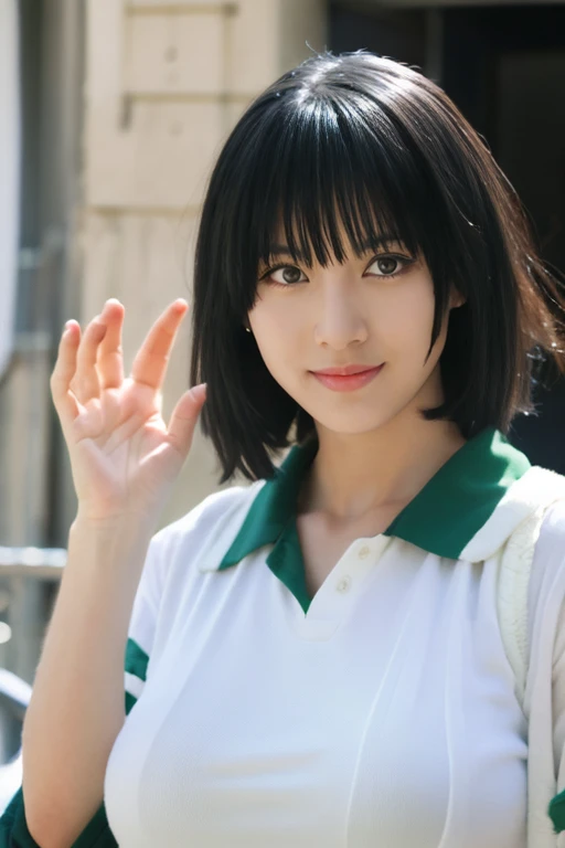 ((highest quality)), ((masterpiece)), (be familiar with), perfect face,fubuki, fubuki waving towards me,Breasts around G cup size,short black hair,green eyes,