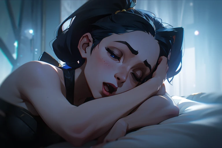 very pale nude ariana grande, young 30 year old woman, smaller breast size, topless, nude, bikini, long straight black hair, hair bangs, single long pony tail, hair framing face, light blue eyes, cinematic natural moon light, organic dust particles in the light, sensual, 4k, look at camera, highly detailed face, close up of face, sleeping, on bed, closed eyes