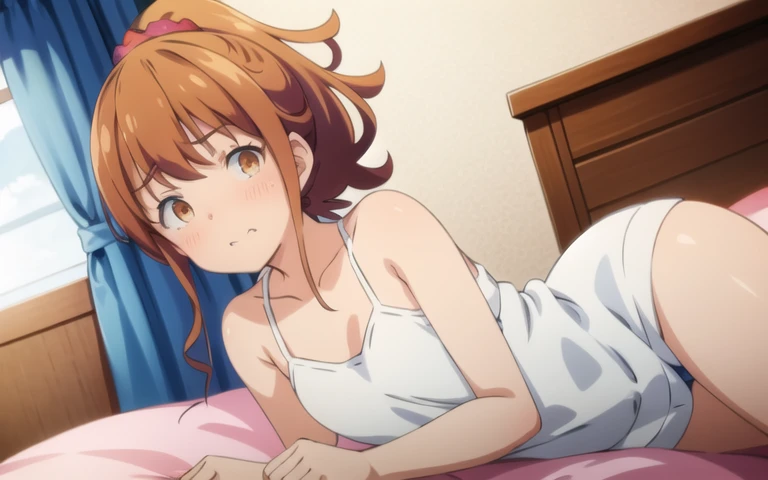 highest quality, (masterpiece:1.2), very detailed, jinno megumi, 1 girl, alone, looking at the viewer, embarrassed expression, brown hair, ponytail, brown eyes, Scrunchie, (on the bed:1),(Doing a presentation:1.2),(best shadow), (moonlit room:1.1),(soft bed linen:1.1),1 girl, naked、small breasts、spread your legs、show off your crotch