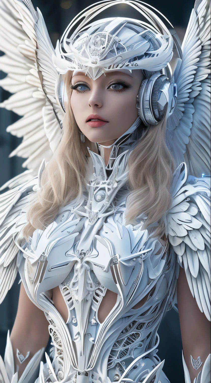 Close-up of a woman in a white dress with wings, full body angel, futuristic robot angel, amazing angel wings, angel knight gothic girl, angel in plastic armor, intricate costume designs, As a mysterious Valkyrie, Its whole body is made of white feathers,, futuristic and fantastic, white wings, beautiful angel wings, steampunk angel, beautiful cyborg angel girl, graceful wings