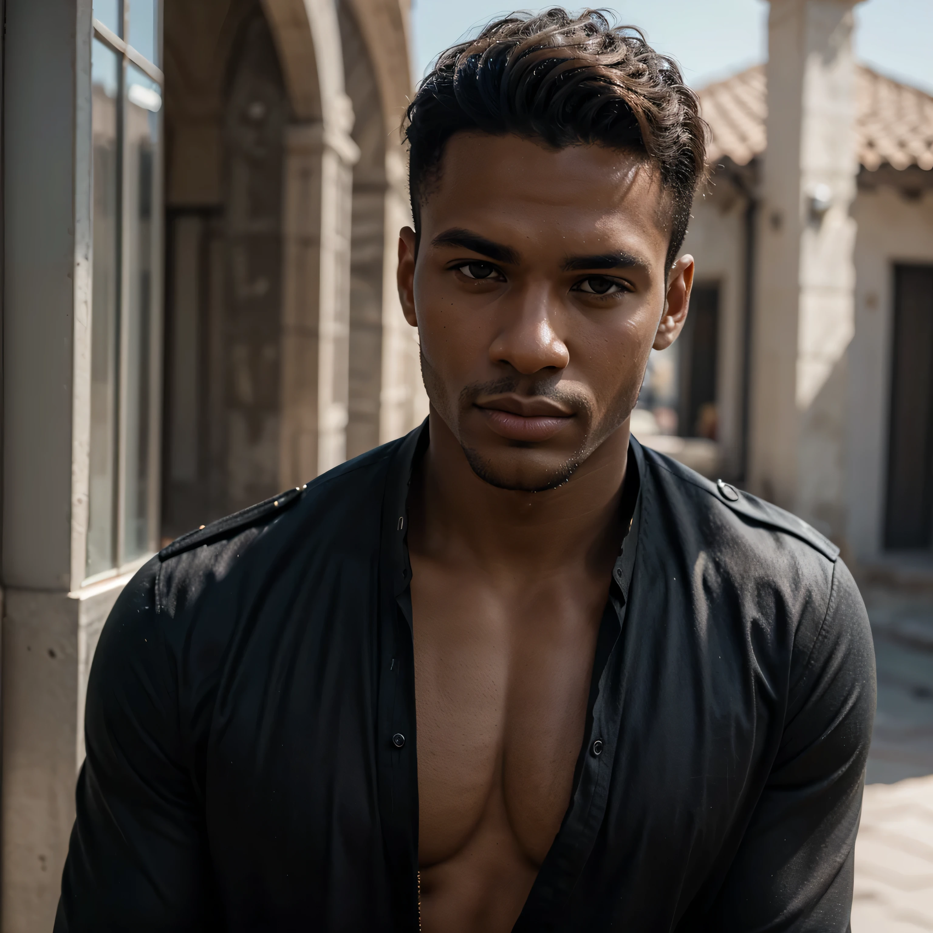 Materpiece, best quality, ultra realistic. Face Portrait of the most handsome black strong young man., military hairstyle. Pose del modelo, centrado, centrarse en el chico, Hombre guapo, Looking at the camera, cinemactic, elegancia, sensualidad, open shirt. ultra realistic face. Face portrait.