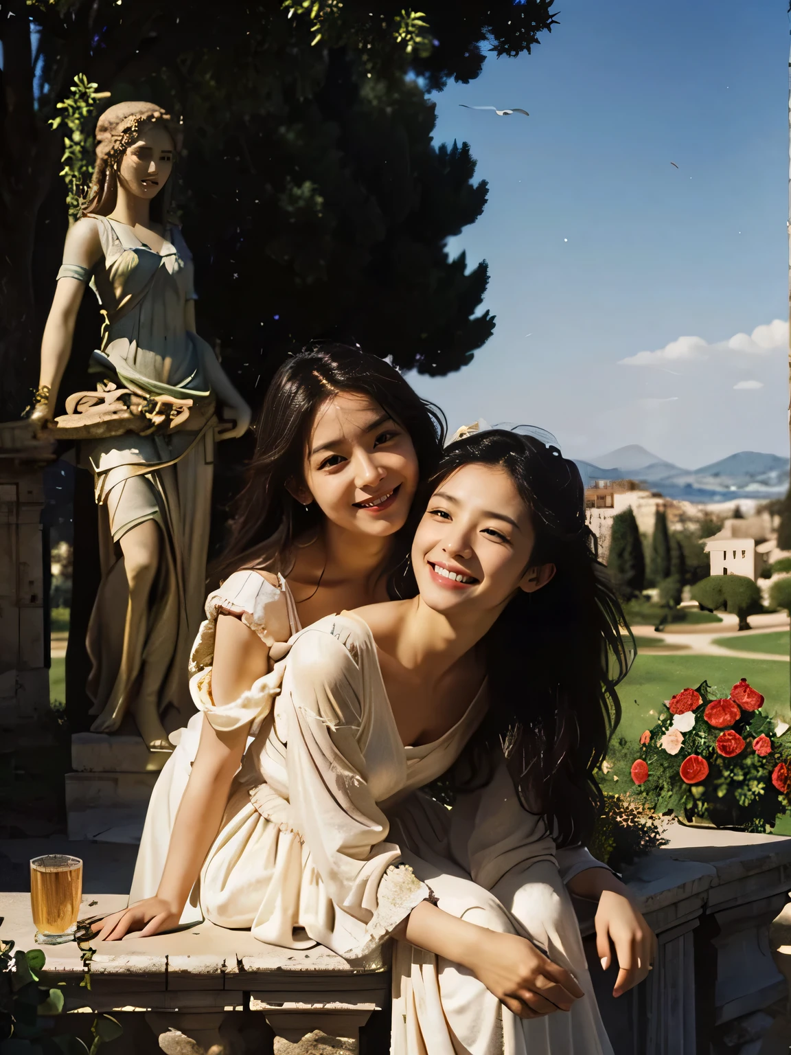 full body portrait or statue、Giorgione painting style,Arguments of two female Philosophe,math、astronomical machine、astronaut、roses in vase、fruits、Cute trinkets、smile、ancient greek costume、Ancient Roman landscape in the style of Nicolas Poussin,laughter,,Sweet and seductive appearance.、Caravaggio's paintings、Chiaroscuro of Caravaggio、hair tousled by the wind,Two women frolicking,cute smile, expression of ecstasy,Sexy,erotic