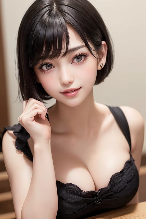 (table top, highest quality、ultra high resolution、face focus focus、focus on the sides、very attractive beauty、Add intense highlights to your eyes、look closely at the camera:1.4、Absolutely beautiful bangs:1.4、前髪のあるブルネットのshort hair:1.4),1 girl, Report, black haired, realistic, looking at the viewer, pale black eyes, short hair, lips, lip gloss, Upper body、Big eyes、eyelash)、((natural background、hyper real stick:1.4))、((short hair with bangs:1.4、Beautiful bangs with 46 points:1.4、, cleavage:2、Big eyes、Give your students very powerful highlights、look at the audience、very beautiful beauty、show me your ears、beautiful long neck、beautiful decollete、smile、A smilee　beautiful teeth、Open your mouth and smilee))、18-year-old、very cute super model、perfect anatomy