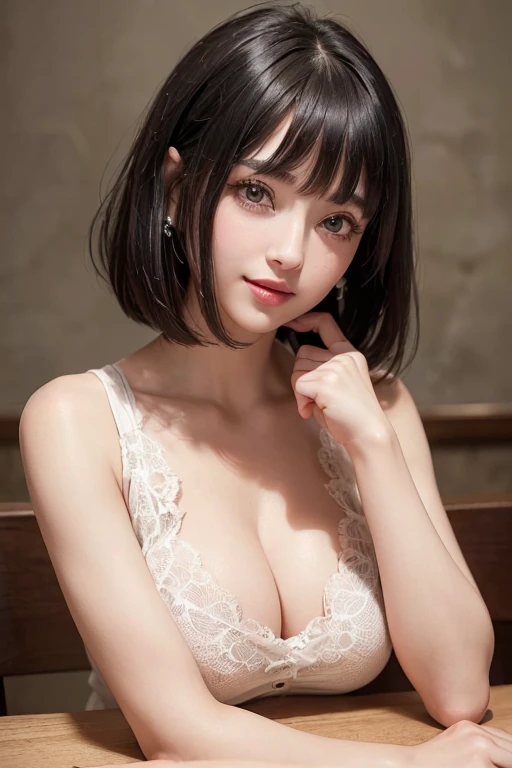 (table top, highest quality、ultra high resolution、face focus focus、focus on the sides、very attractive beauty、Add intense highlights to your eyes、look closely at the camera:1.4、Absolutely beautiful bangs:1.4、前髪のあるブルネットのshort hair:1.4),1 girl, Report, black haired, realistic, looking at the viewer, pale black eyes, short hair, lips, lip gloss, Upper body、Big eyes、eyelash)、((natural background、hyper real stick:1.4))、((short hair with bangs:1.4、Beautiful bangs with 46 points:1.4、, cleavage:2、Big eyes、Give your students very powerful highlights、look at the audience、very beautiful beauty、show me your ears、beautiful long neck、beautiful decollete、smile、A smilee　beautiful teeth、Open your mouth and smilee))、18-year-old、very cute super model、perfect anatomy