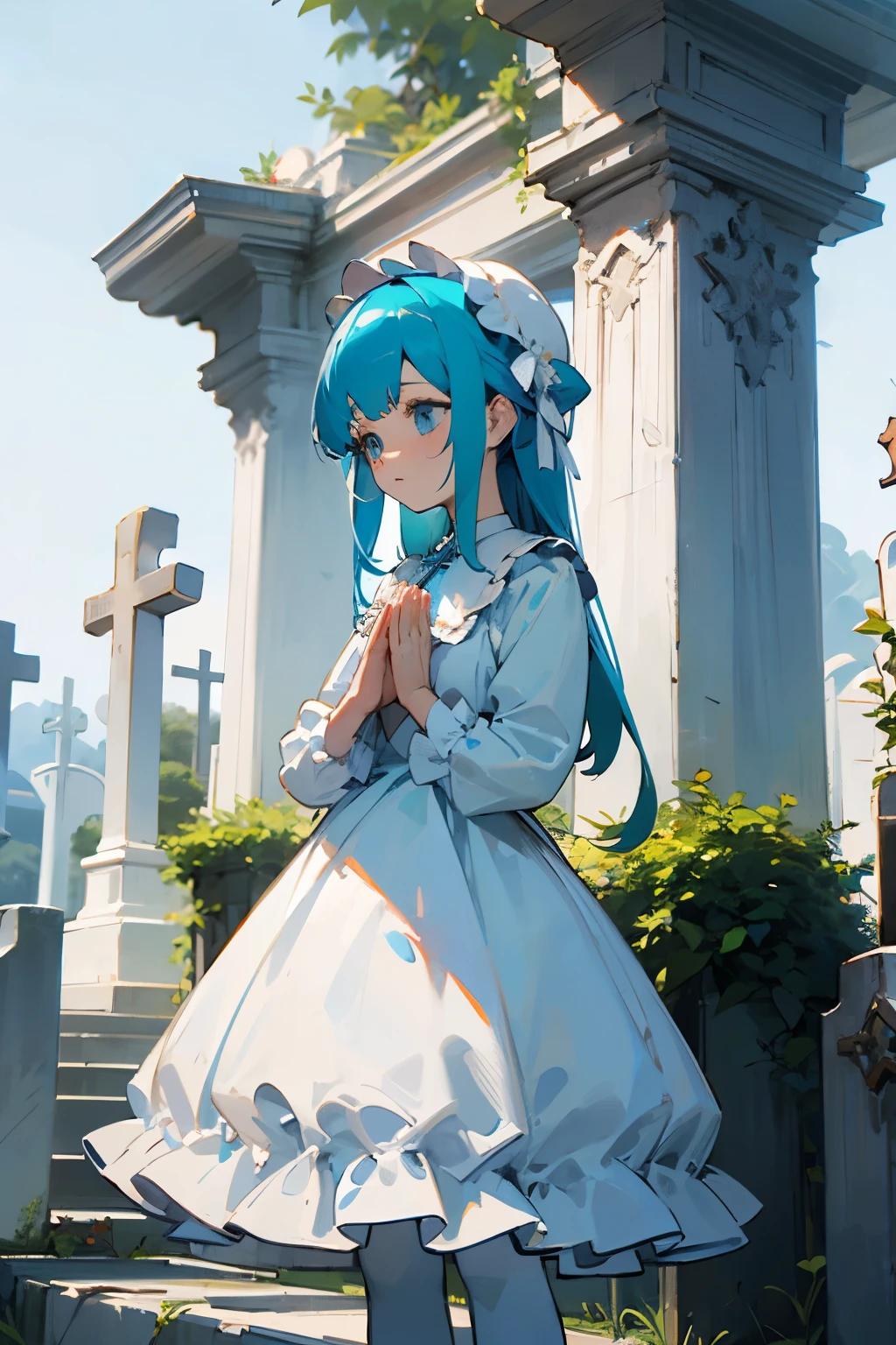 Tiffany Blue Hair, white ta clothes,frills,cross,Outsider cemetery,pray