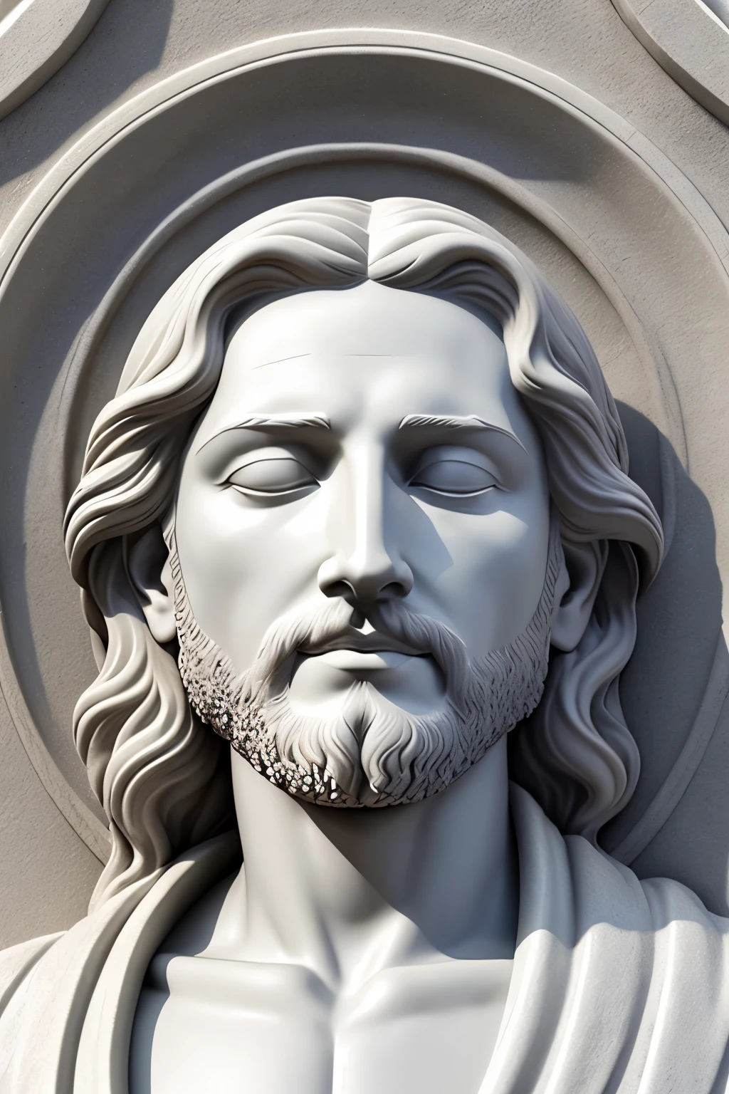 A profound and intricately crafted 3D bas-relief image of Jesus with realistic, closed eyes, rendered in grayscale for an ethereal and contemplative feel. The highest level of realism and detail have been achieved, capturing every texture and contour of His face, along with the intricate folds of His robe. This masterpiece, created with meticulous attention to detail, is guaranteed to leave an indelible impression. [
Realistic, closed eyes
Jesus
3D grayscale bas-relief
Ultra-High Definition
Masterpiece
Intricate details
Hyper-Realistic: 1.5
Craft