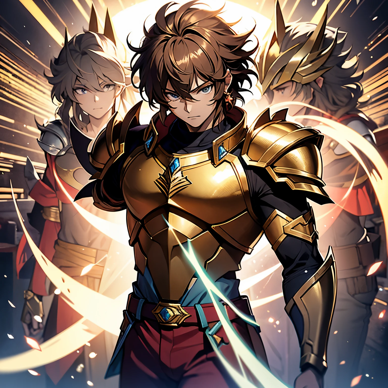 Seiya the bronze knight from saint seiya. He's bronze armor is the armor of the pegasus. Seiya have brown hair and eyes, he wears red clothes, a red t-shirt and pants, his armor protects his legs, arms and chest, he has a golden belt. He fiAdd bronze ang gold color for the pegasus armor, star dust and a pegase of blue light.