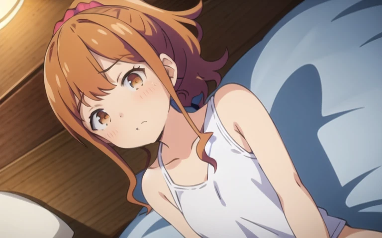 highest quality, (masterpiece:1.2), very detailed, jinno megumi, 1 girl, alone, looking at the viewer, embarrassed expression, brown hair, ponytail, brown eyes, Scrunchie, (on the bed:1),(Doing a presentation:1.2),(best shadow), (moonlit room:1.1),(soft bed linen:1.1),1 girl, naked, small breasts, spread your legs, show off your crotch, whole body