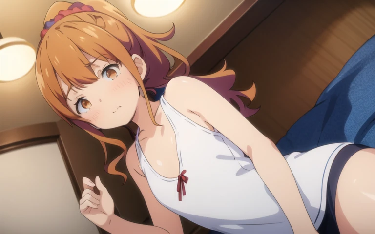 highest quality, (masterpiece:1.2), very detailed, jinno megumi, 1 girl, alone, looking at the viewer, embarrassed expression, brown hair, ponytail, brown eyes, Scrunchie, (on the bed:1),(Doing a presentation:1.2),(best shadow), (moonlit room:1.1),(soft bed linen:1.1),1 girl, naked、small breasts、spread your legs、show off your crotch