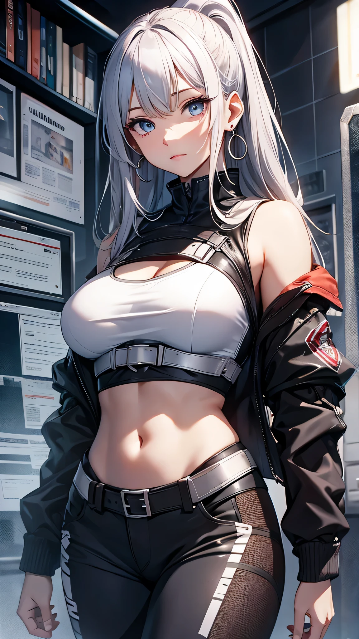 最high quality、best image quality、masterpiece、girl((18-year-old、 By becoming、vest bust、medium bust,wide open breast tea、shining eyes, silver hair、ponytail、long hair、thin,highest valley、white tank top、blue pants、Wristband、brown skin、Holding a handgun、ruby earrings)),high quality、beautiful art、background((Dark Research Facility、broken wall、warning mark、battlefield))、Flight、debris flies、Depth of written boundary、movie、visual art、perfect art、8K,genuine、