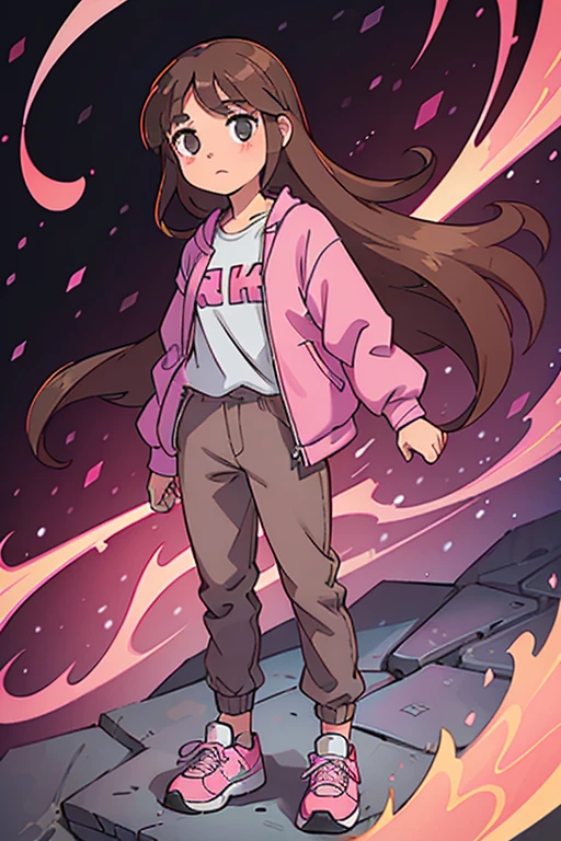 12 year old girl. long brown hair. brown eyes. wearing a gray shirt . wearing dark pink jacket. wearing pink sneakers. wearing grey pants. standing straight. arms at the side. facing forward.whole body can be seen. cosmic background.