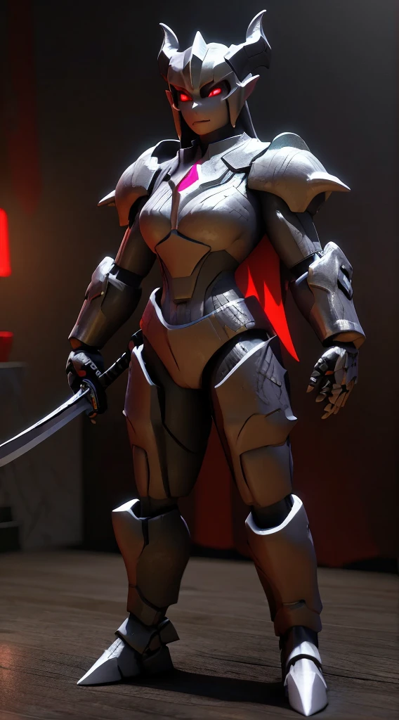 (Demon God Mecha, 3D Rendering), Background Road Center, Clear HD, 8K resolution, Very detailed, Digital Painting, Concept art, Shinkai Makoto style, Pop prevalence trend, Pop, Pixiv Pop Trend. Holding a sword、Metallic texture、