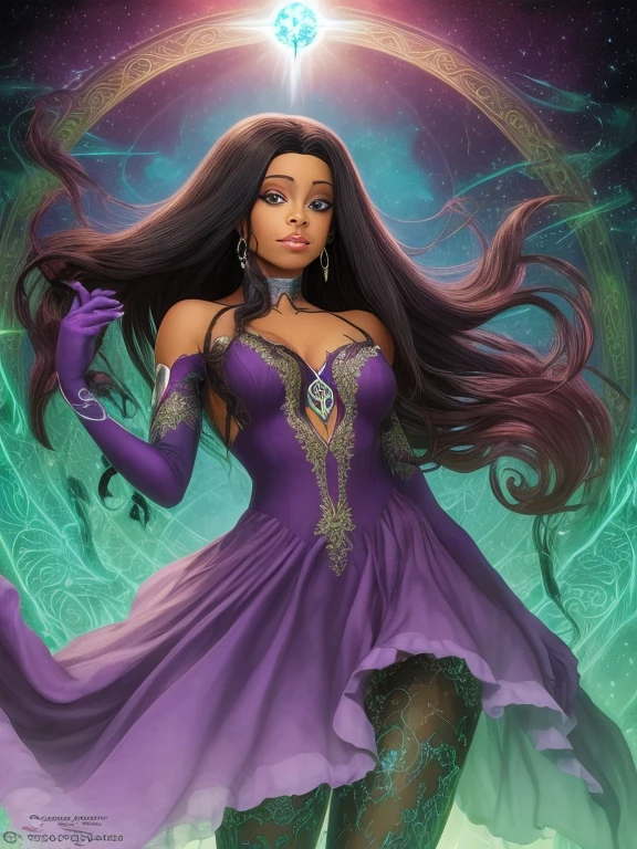 1 garota, Sozinho, An atmospheric portrait of Raven from Teen Titans, her costume is a long purple dress, usa casaco de couro preto, seus olhos brilhando,tem um delineado gatinho preto nos olhos, (Teen Titans Costume:1.4), (Energia radiante:1.2), (por George Perez, Phil Bourassa), (mystical harmony, Maestria encantada),