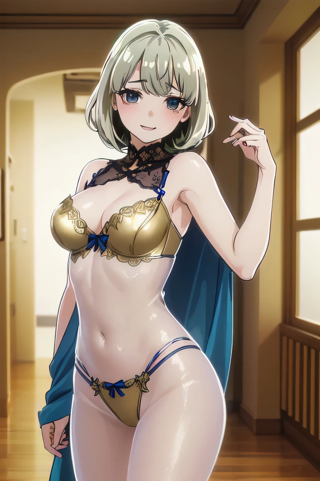 (masterpiece:1.8),(super high quality:1.5),(highest quality:1.5),(8K:1.5),(Ultra-fine illustration:1.5),(very clear image:1.5),(super detailed:1.5),(very beautiful girl illustration:1.8),(the cutest and sexiest girls:1.5),(smile:1.5),(Beautifully rendered lingerie in ultra-high resolution:1.8),(metallic gold lingerie:1.5),(Metallic gold see-through body stockings:1.5),(sexy pose:0.5),(arm behind head:1.5),(contrasting:1.5),(Rear view:0.5),(luxury,euro style bedroom:1.2),(cowboy shot:1.6),(dynamic angle:1.0),