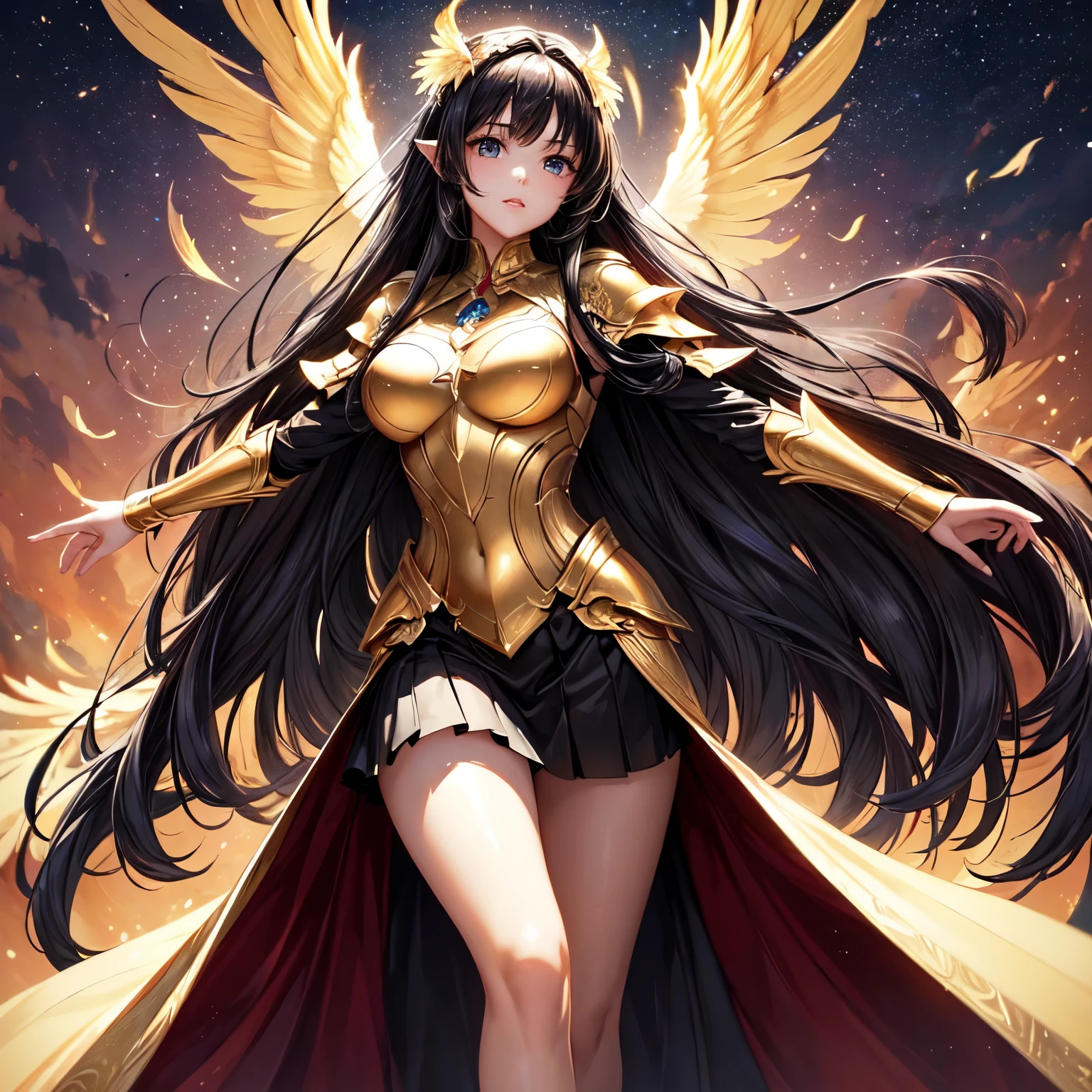 best quality, extremely beautiful, beautiful face, angel woman, (two huges golden wing : 1.2), revealing armor with open front skirt, very long dark hair