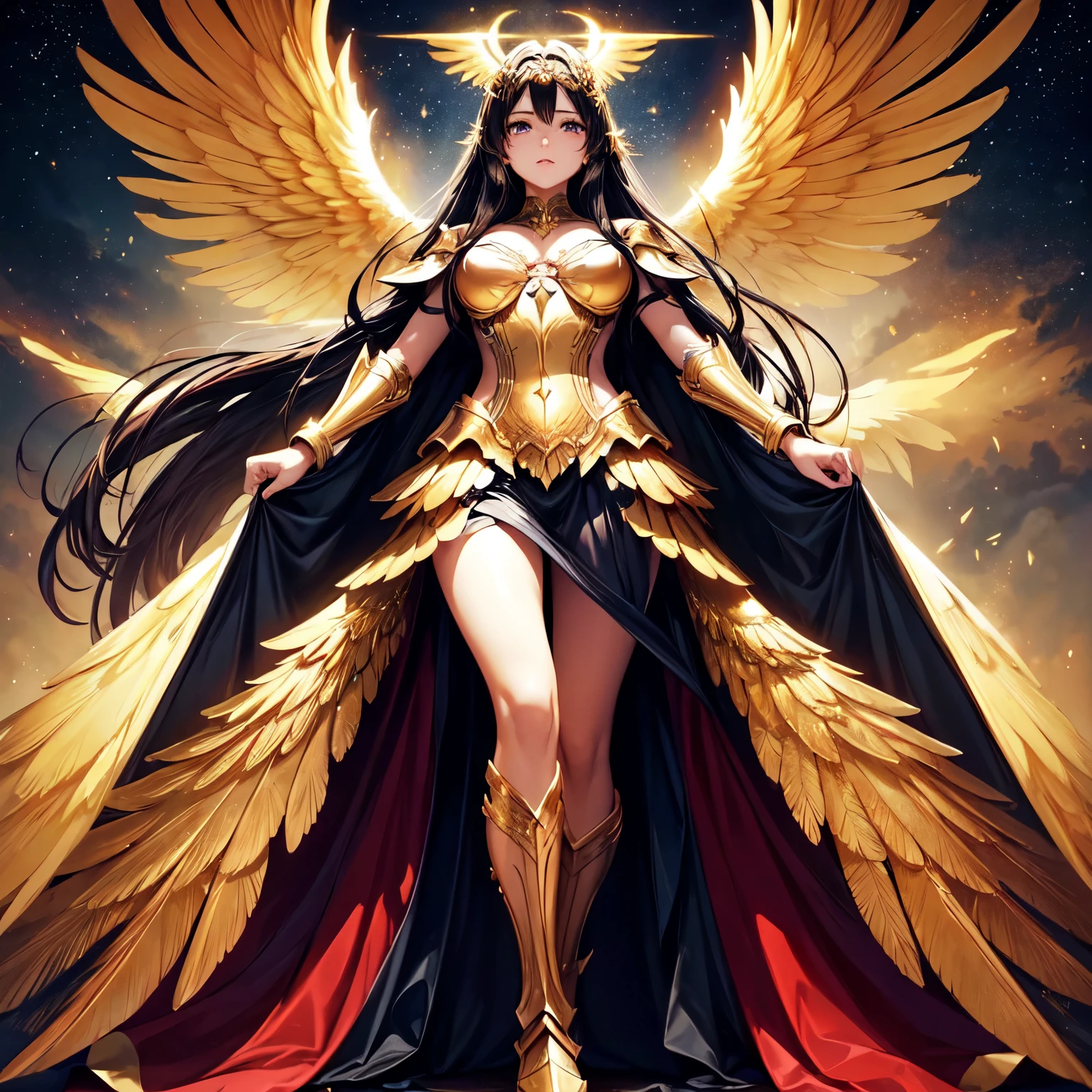 best quality, extremely beautiful, beautiful face, angel woman, (two huges golden wing : 1.2), revealing armor with open front skirt, very long dark hair