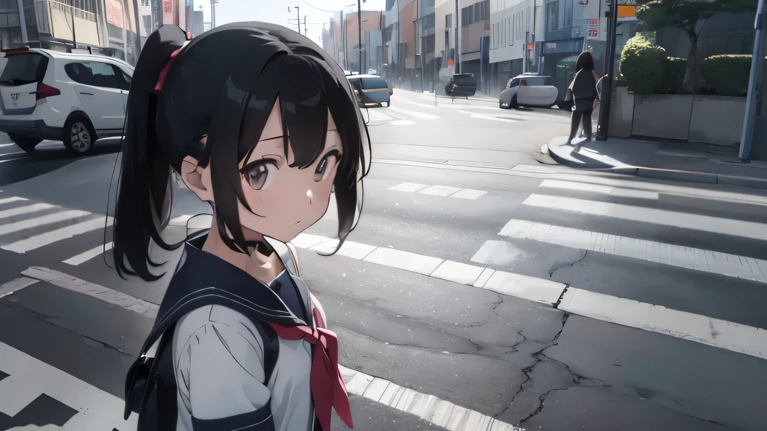 Roads are drawn on the left and right、A crosswalk across the road is drawn vertically in the center.、A 15-year-old girl was alone at the far end of the crosswalk.、Wearing a short-sleeved sailor suit、facing the front、With a lonely look、standing here facing the front、((draw the whole body))、hair is long、monochrome、Looks like a sketch