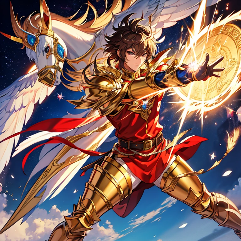 Seiya the bronze knight from saint seiya. He's bronze armor is the armor of the pegasus. Seiya have brown hair and eyes, he wears red clothes, a red t-shirt and pants, his armor protects his legs, arms and chest, he has a golden belt. He fiAdd bronze ang gold color for the pegasus armor, star dust and blue light energy pegasus.