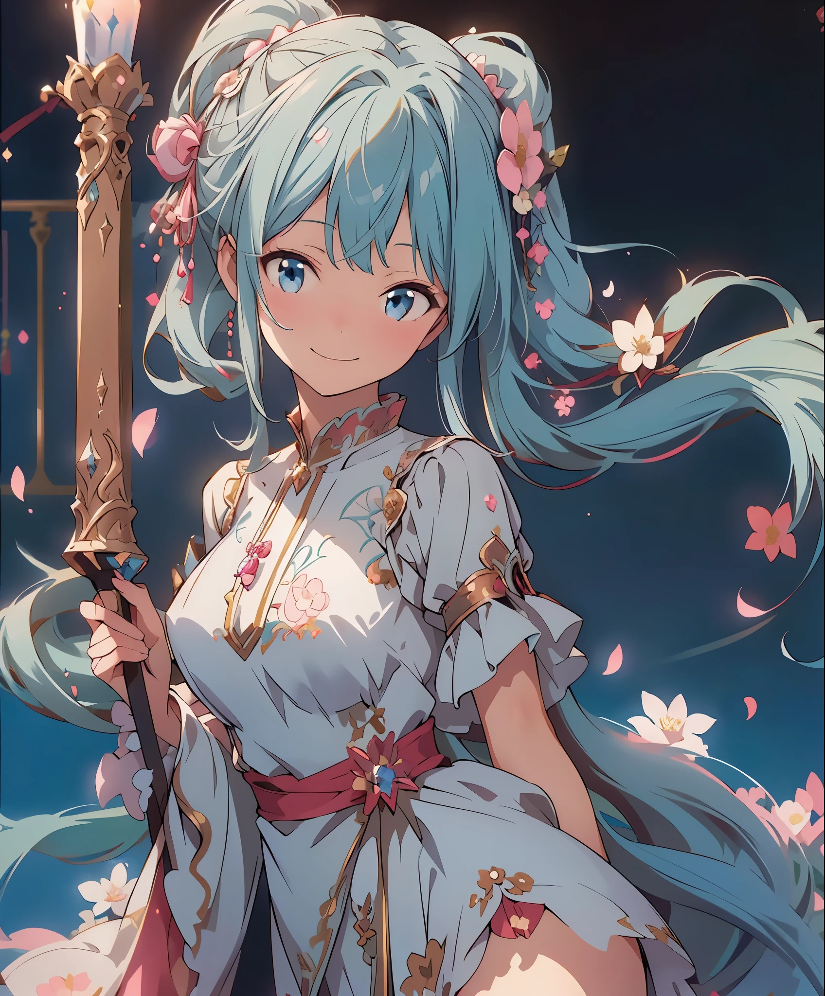 (masterpiece、highest quality、highest quality、official art、beautiful beautiful:1.2)、(1 girl:1.3)Hatsune Miku、twin tails,big breast dramatic composition, court style dress up, royal, nice, カスケードfrills, frills, bow, crystal chandelier, roman style curly hairstyle, to place, double ponytail like a drill, look at the camera, bangs, maximalism, palace background, Delicate depiction of hair and eyes, princess dress, nice skirts, flowers in hand, smile, starry eyes, cinematic light, extreme details, High resolution, happy girl, very long hair, diamond, broken diamond, junction chip, particles of light