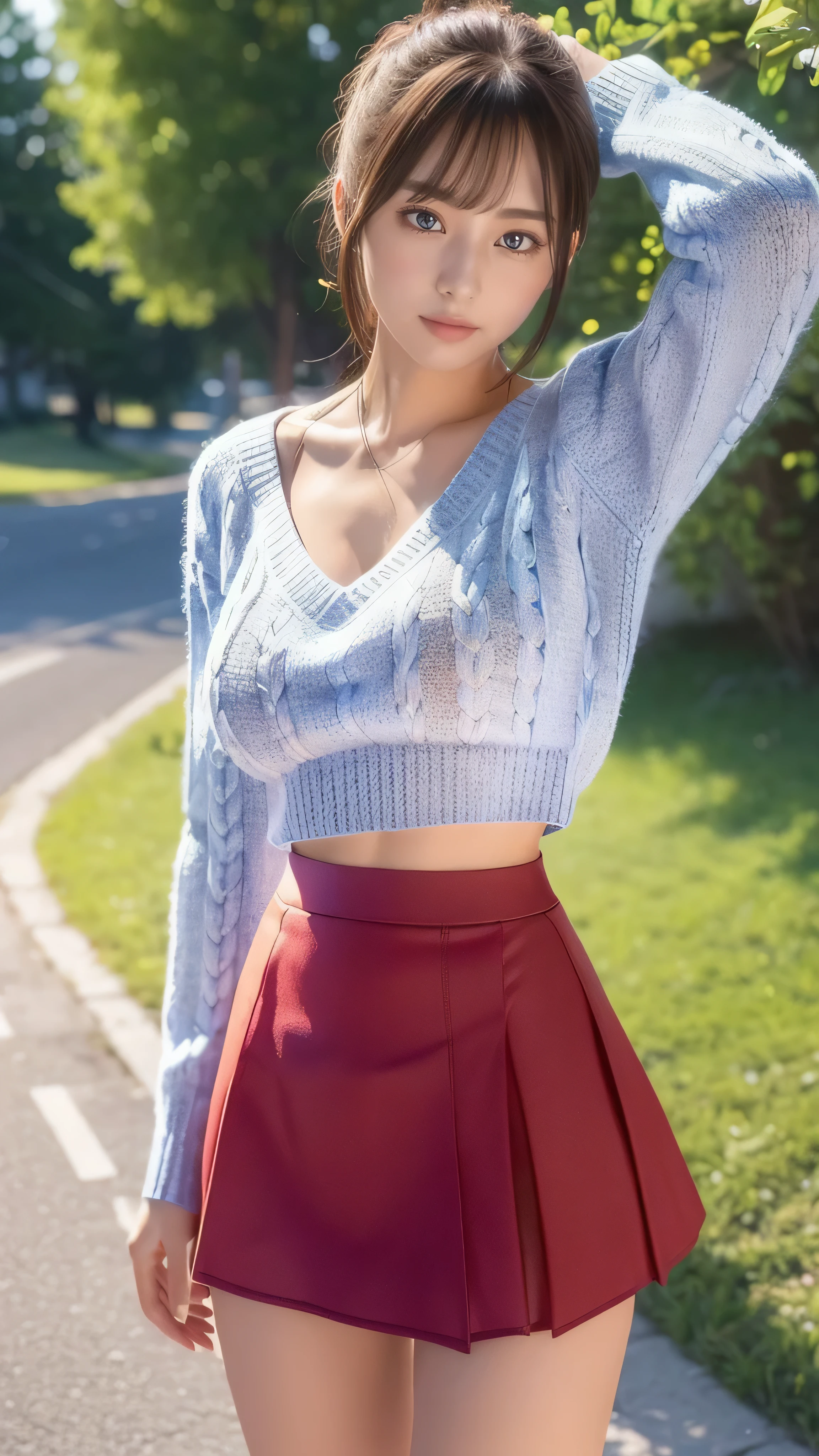 super detailed,bright colors,(8k:1.5),Masseter muscle part,very beautiful detailed face and eyes、summer morning、Ghibli,summer country road,25years old,beautiful breasts,midriff peek,Fullbody,(V-neck-sweater:1.3),wearing knit sweater & miniskirt, (Flirtingly lifting her skirt to show her panties:1.3)