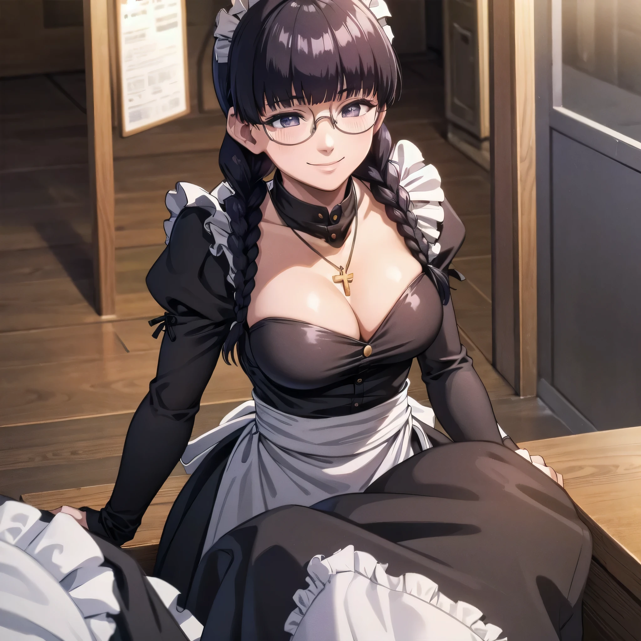 Roberta、Group、Twin braids、Glasses、gem、maid、Opaque Glasses、necklace、apron、Crosaid headdress、crossnecklace、long hair、long sleeve、bangs、Round Glasses、calf、black hair、one girl、solo、big breasts、smile