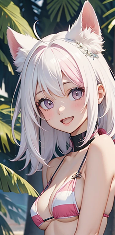 Realistic、1girl、(Open mouth　happy　smile：1.3),(cute face:1.5),(tareme:1.3),(white hair pink hair hair gradient hair:1.3),(pink eyes)、(kind eyes:1.3)、(stand),(middle hair),( portrait:1.3,face focus:1.3,cowboy shot),(white enamel micro bikini:1.3)、(large breasts),(midsummer beach:1.3)
