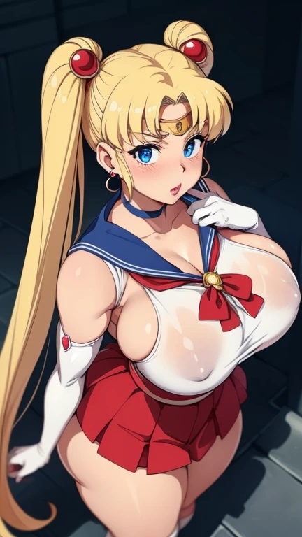 High resolution,  sailor moon, anime, masterpiece, 1 girl, ((slut))), sexy face, blue eyes, blonde, double buns, long twin tails, swollen lips, painted lips, thick lips, wide hips, thick thighs, huge fake breasts, huge round ass, shiny skin, parted bangs, hair ornaments, circlet, jewelry, earrings, choker, See-through, red bow, white elbow gloves, blue skirt, sailor warrior uniform, oily skin, bossy, photo from above,