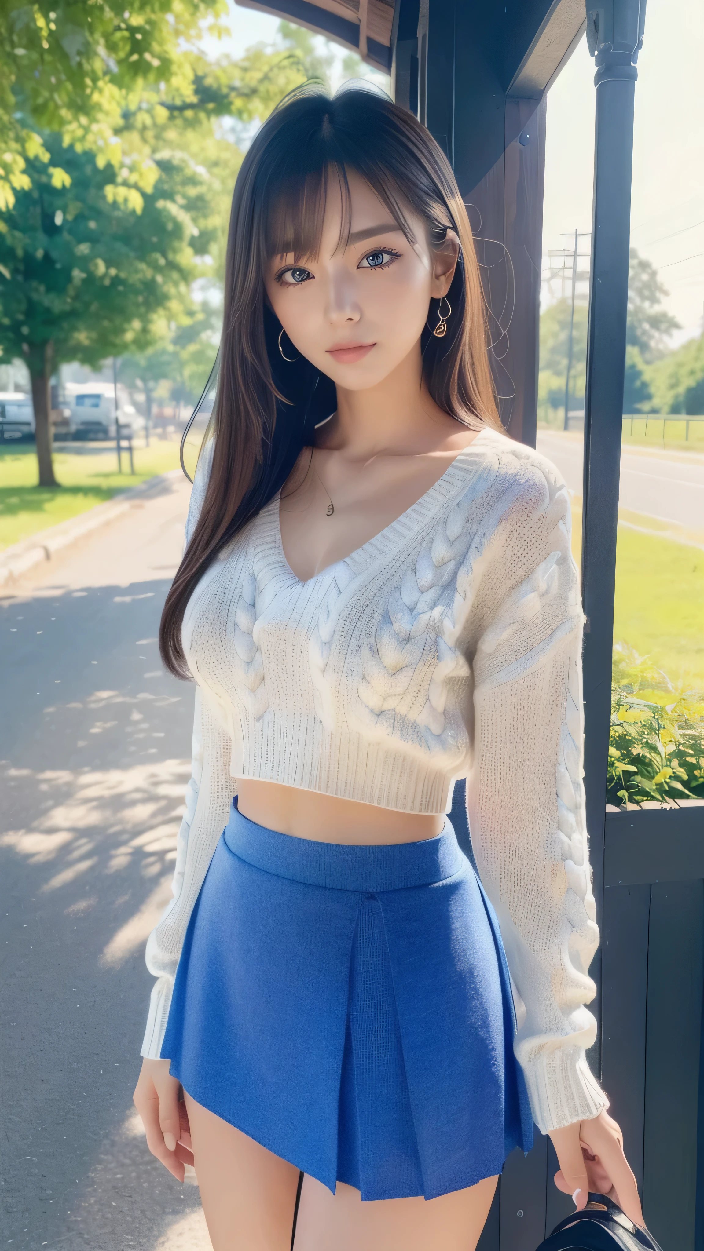 super detailed,bright colors,(8k:1.5),Masseter muscle part,very beautiful detailed face and eyes、summer morning、Ghibli,summer country road,25years old,beautiful breasts,midriff peek,Fullbody,(V-neck-sweater:1.3),wearing knit sweater & miniskirt, (Flirtingly lifting her skirt to show her panties:1.3)