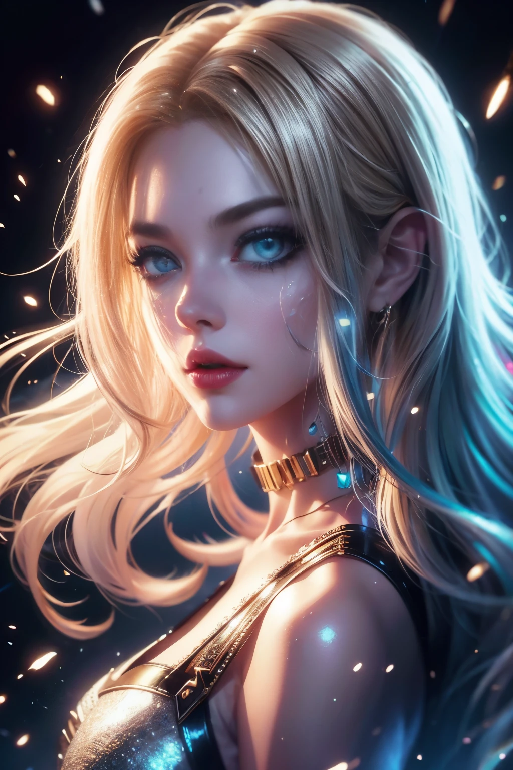 (extremely detailed CG unity 8k wallpaper,masterpiece, best quality, ultra-detailed),(best illumination, best shadow, an extremely delicate and beautiful),floating,high saturation,blonde hair+blue eyes:1.2,gloomy gothic scenery, long hair, gaze into the distance. (A beautiful girl with long blonde hair and blue eyes sparkling gothic lighting)