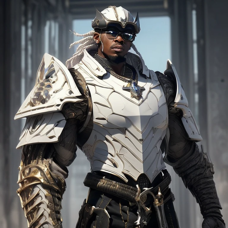 African American bad boy, il a 26 ans, il est en armure steam punk blanche, il vient du futur, il a de longues tresses blanches, des boucles d'oreilles, lunettes noires, il est froid et déterminé, il est bad ass, il mesure 185 cm, he is muscular and athletic, il a un pistolet futuriste dans la main droite, il a un style de gangster,he has futuristic full white armor, he has a full white helmet, on ne voit pas son visage,