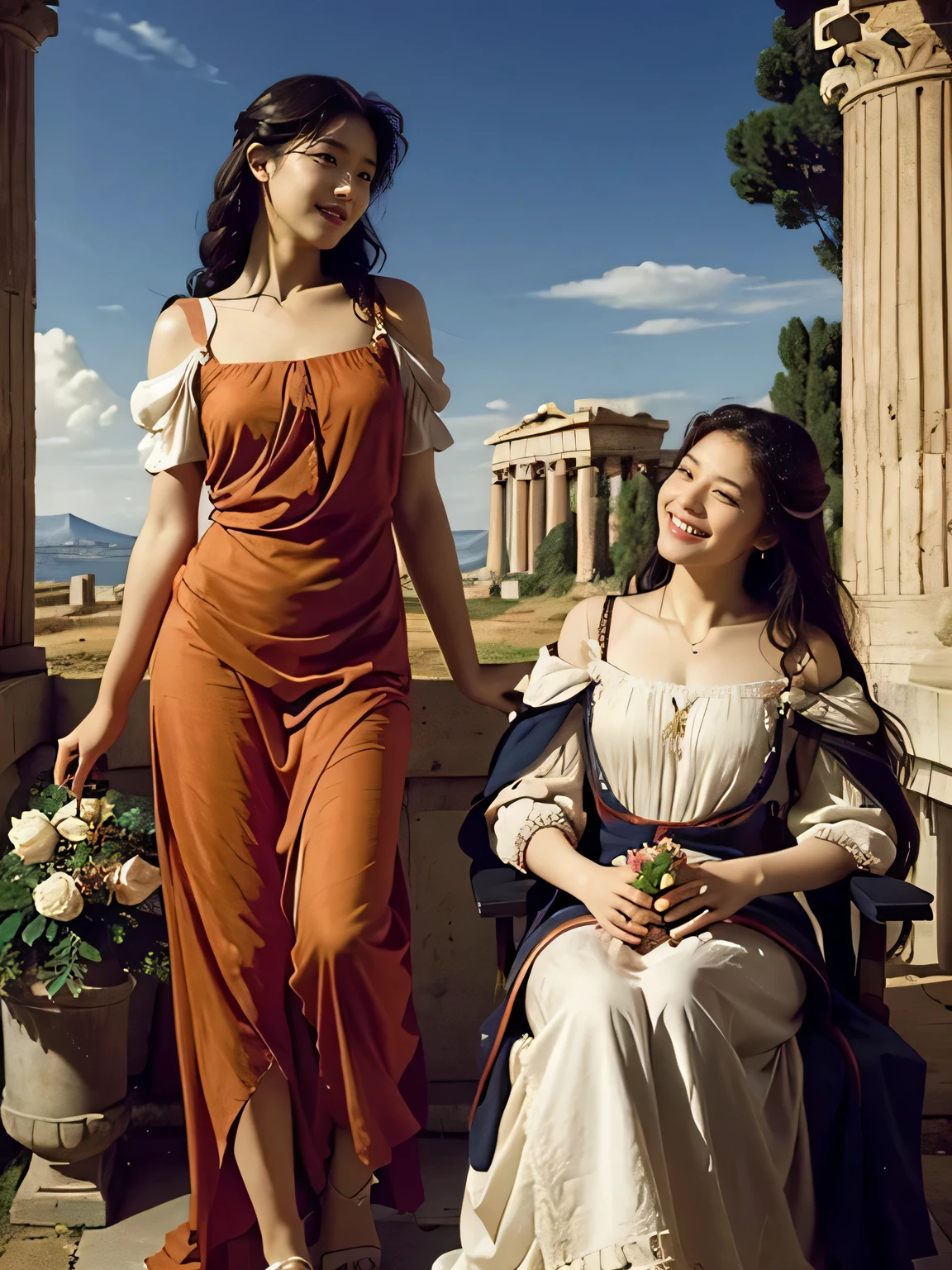 full body portrait or statue、Giorgione painting style,Arguments of two female Philosophe,math、astronomical machine、astronaut、roses in vase、fruits、Cute trinkets、smile、ancient greek costume、Ancient Roman landscape in the style of Nicolas Poussin,laughter,,Sweet and seductive appearance.、Caravaggio's paintings、Chiaroscuro of Caravaggio、hair tousled by the wind,Two women frolicking,cute smile, expression of ecstasy,Sexy,erotic