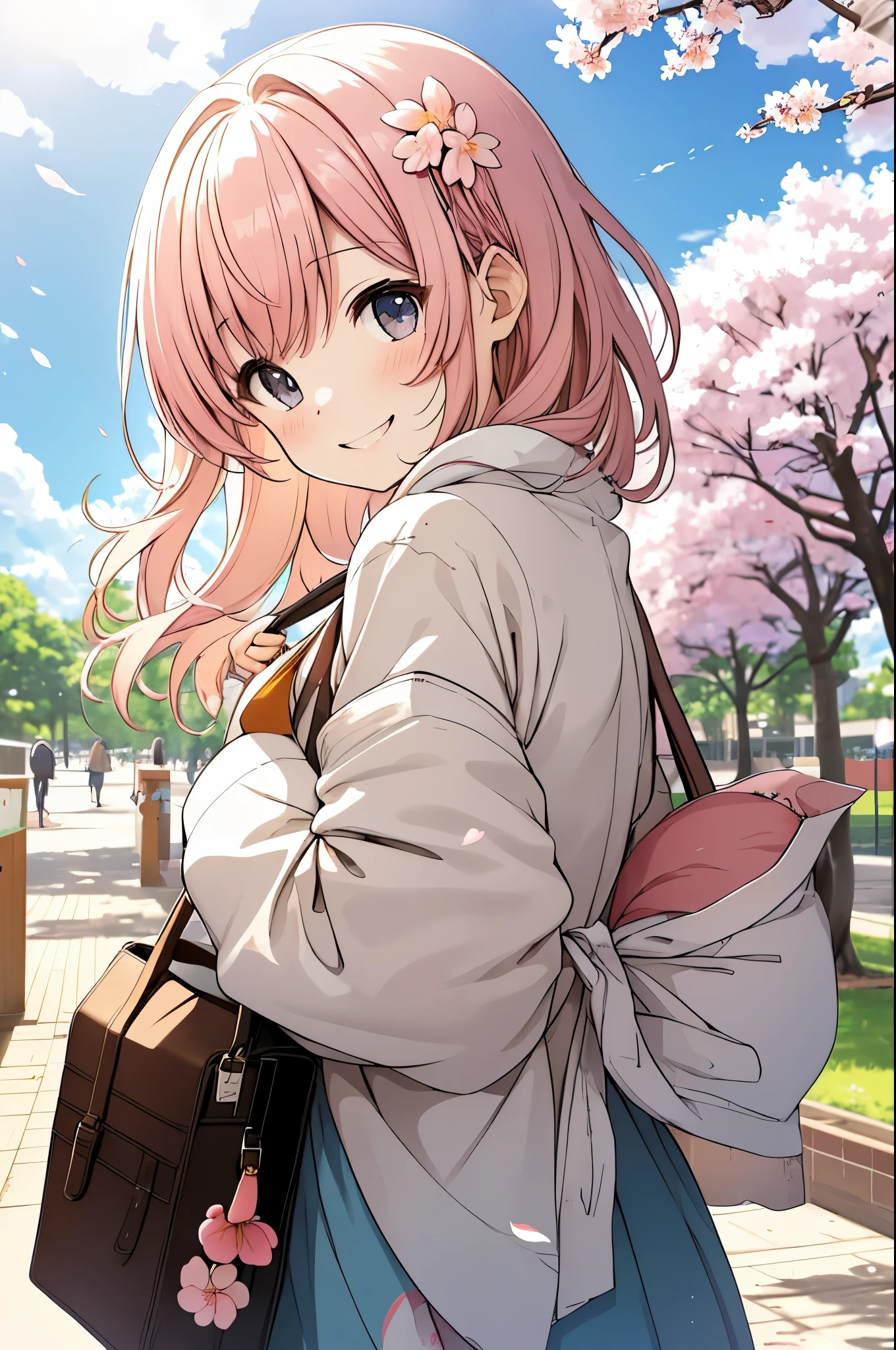 girl, on campus, cherry blossoms, simple canvas style painting style), (Bright and fresh color matching), (shy smile, natural behind the handle), (mid spring, 通りの両側には見事なcherry blossoms並木が) (beautiful blue sky and white clouds, soft and colorful, sunlight), simple background,