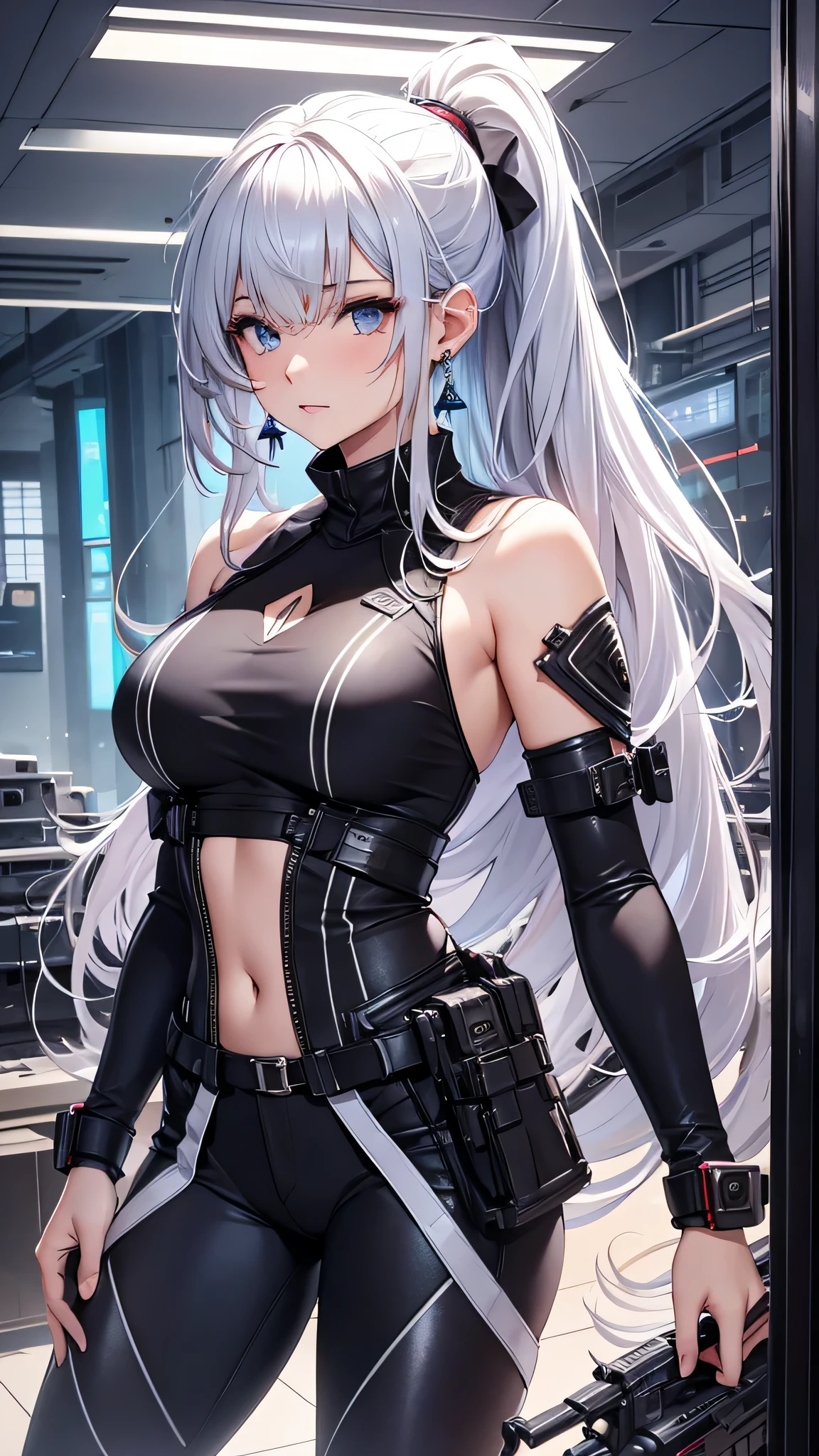 japanese anime style。cyberpunked。girl with。The world of the near future。Heavily armed in white。s Armor。natta。battle field。Colossal tits。a miniskirt。all-fours。from the rear。 --auto