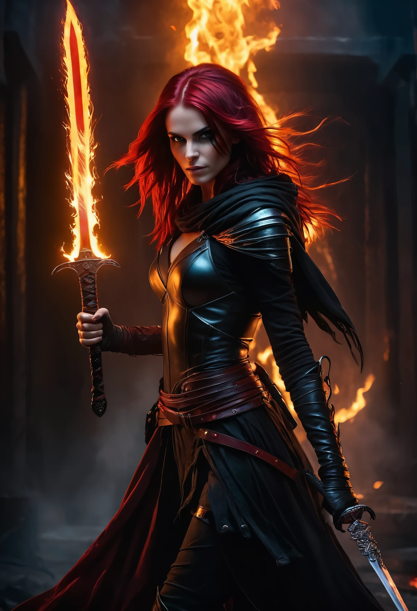 photorealistic, masterpiece, Rogue modern warrior girl, red-black coloured hair, shrouded in shadows, holding a flaming dagger in each hand, vibrant glowing abyssal colors, entirely in frame, FULL BODY, radiating electrical energy, shoulder length messy hair, hyperdetailed background, luminism