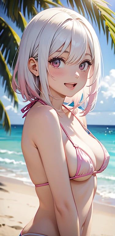 Realistic、1girl、(Open mouth　happy　smile：1.3),(cute face:1.5),(tareme:1.3),(white hair pink hair hair gradient hair:1.3),(pink eyes)、(kind eyes:1.3)、(stand),(middle hair),( portrait:1.3,face focus:1.3,cowboy shot),(white enamel micro bikini:1.3)、(large breasts),(midsummer beach:1.3)
