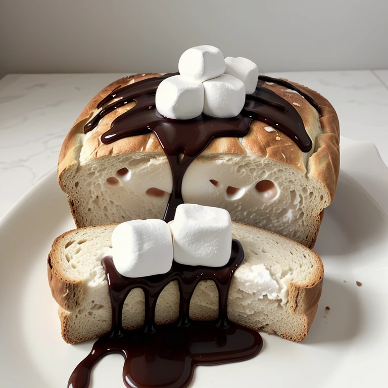 create an image of a slice bread. on top of the bread is two pieces of white large marshmallows. the marshmallows are topped with chocolate syrup. the background should be black.