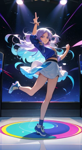 ((obra de arte)), Melhor qualidade, absurdo, ultra detalhado, holographic, tiro de vaqueiro, dynamic pose, golden ratio, garota super fofa, Garota madura, idol girl, super beautiful asian with beautiful bright violet eyes, lindo cabelo castanho brilhante multicolorido, rabo de cavalo alto, corpo bonito e sexy, Corpo fino, corpo perfeito, vestindo uma malha super apertada com estampa de anime, um top curto de manga curta super justo com estampa de anime, a super aesthetic transparent mini jacket, lindo enfeite de cabelo, tenis jordan rosa, being photographed in the dancing arcade games