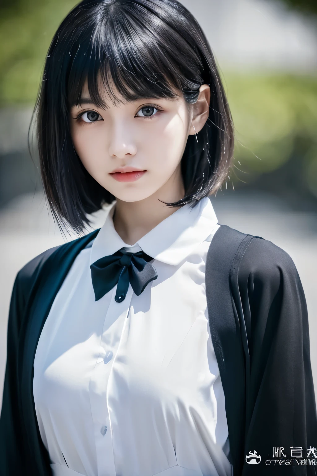 (1 girl), 25 year old japan,medium head of black hair, wonderful face and eyes, black tie,long sleeve white shirt,((highest quality)), (Super detailed), (very detailed CG 統合 8k 壁紙), very detailed, High resolution raw color photos, professional photography, white background,Full body photo standing shot