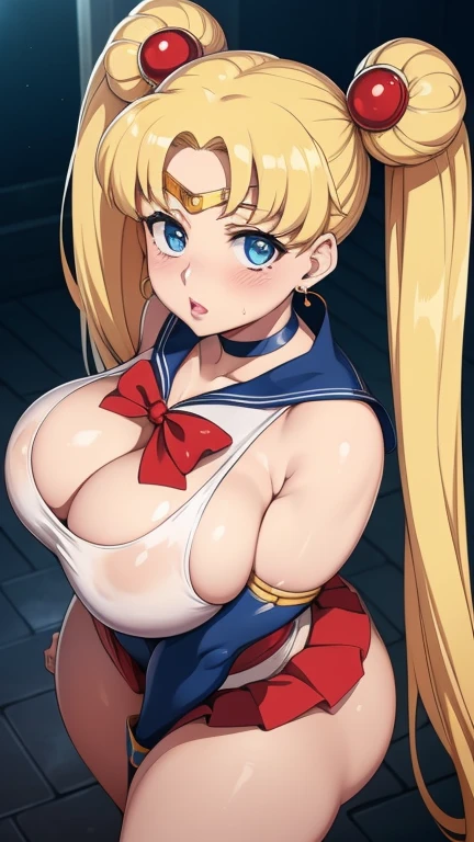 High resolution, sailor moon, anime, masterpiece, 1 girl, ((slut))), sexy face, blue eyes, blonde, double buns, long twin tails, swollen lips, painted lips, thick lips, wide hips, thick thighs, huge fake breasts, huge round ass, shiny skin, parted bangs, hair ornaments, circlet, jewelry, earrings, choker, See-through, red bow, white elbow gloves, blue skirt, sailor warrior uniform, oily skin, bossy, photo from above,