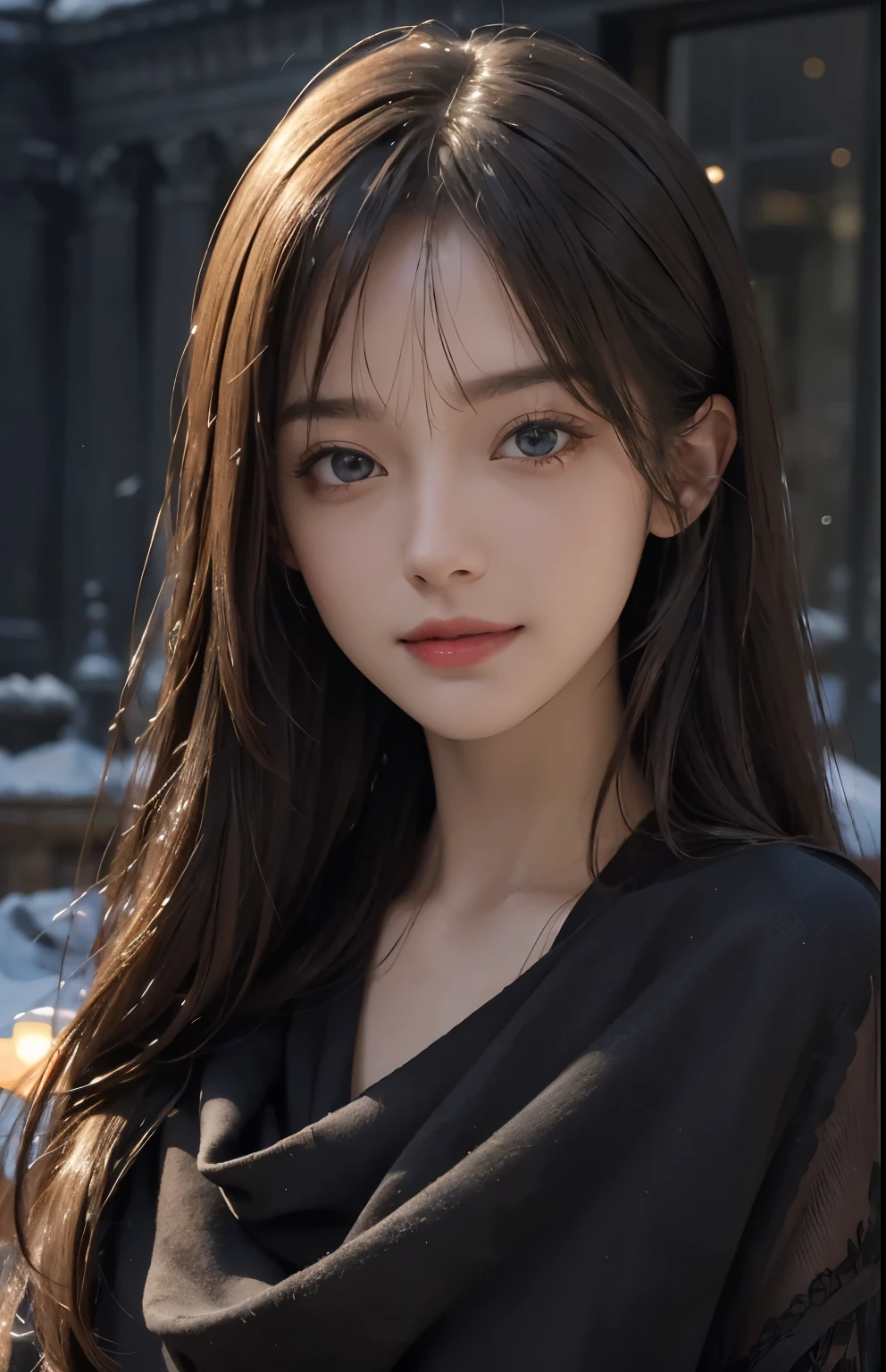 (surreal), (figure), (Improved resolution), (8K), (very detailed), (Best figure), (beautiful and detailed eyes), (highest quality), (super detailed), (masterpiece ), ( wallpaper), (detailed face), alone, 1 girl, looking at the viewer, small details, in the dark, deep shadow, discreet key, Pure erotic face ace_V1, smile, long straight hair, black shawl , 46 point diagonal bangs