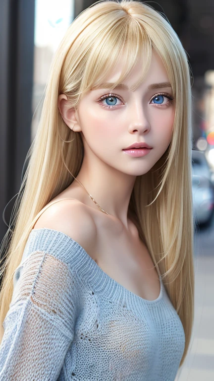 (muste piece:1.3), (8K, It&#39;s photorealistic, Raw photo, 16 year old very cute blonde girl、best quality: 1.4), (1 girl), pretty face, (realistic face), (golden hair, Super long hair:1.3), nice hairstyle，bangs between eyes、bangs over eyes、hair is soft，compact profile，length to mouth，realistic eyes，nice detail eyes，（realistic skin），Very beautiful, shining, extremely bright white light blue big eyes、very big eyes、beautiful skin，（sweater），nonsense，Charm，ultra high resolution，Ultra Photorealistic Sim，very detailed，golden ratio，bust photo、small face beauty、round face、Glossy skin、cheek highlights
