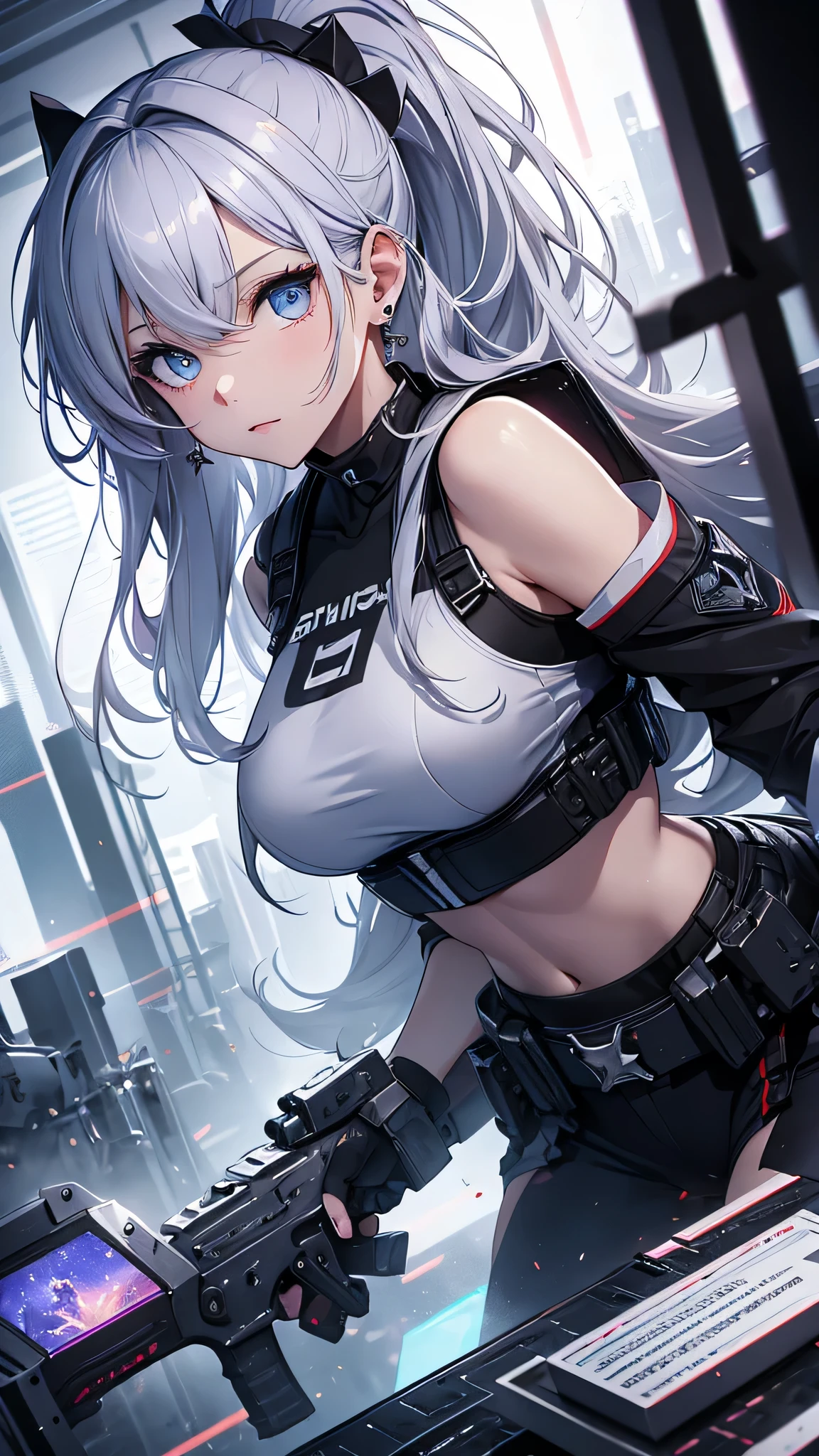 最high quality、best image quality、masterpiece、girl((18-year-old、 By becoming、vest bust、medium bust,wide open breast tea、shining eyes, silver hair、ponytail、long hair、thin,highest valley、white tank top、blue pants、Wristband、Holding a handgun、ruby earrings、squat、hold a gun)),high quality、beautiful art、background((Dark Research Facility、broken wall、warning mark、battlefield))、Flight、debris flies、Depth of written boundary、movie、visual art、perfect art、8K,genuine、