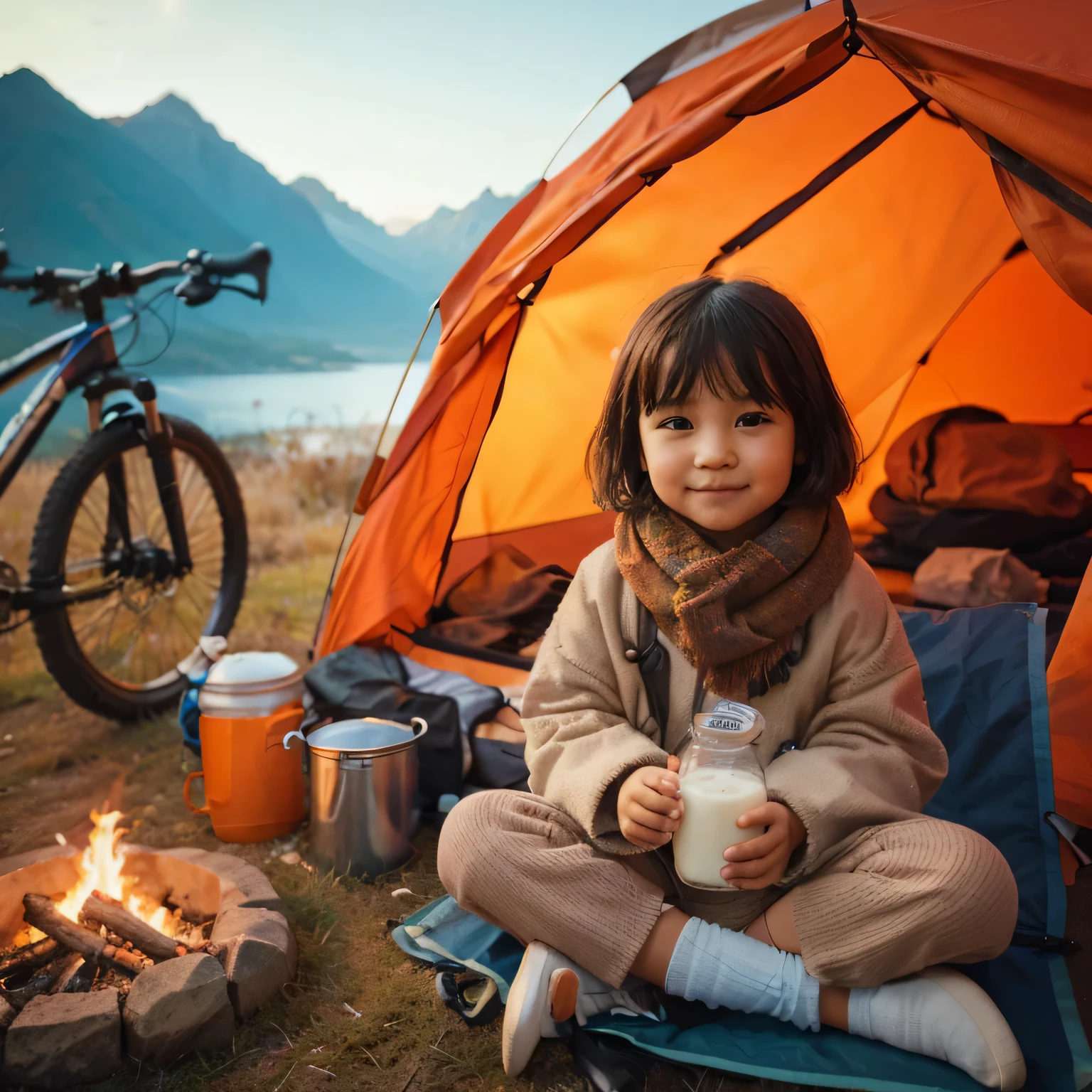 ultra wide shoot photography, Asian girl with short pony hair, wearing a scarf, sitting next to an orange covered tent with a small campfire, a bicycle parked next to the tent, sitting relaxed on a portable chair on the ground, on grass and small rocks, enjoying milk in the morning, artistic interpretation, camping, mountain wandering, bokeh background with blue mountains in the distance, cinematic shot, smile at the camera