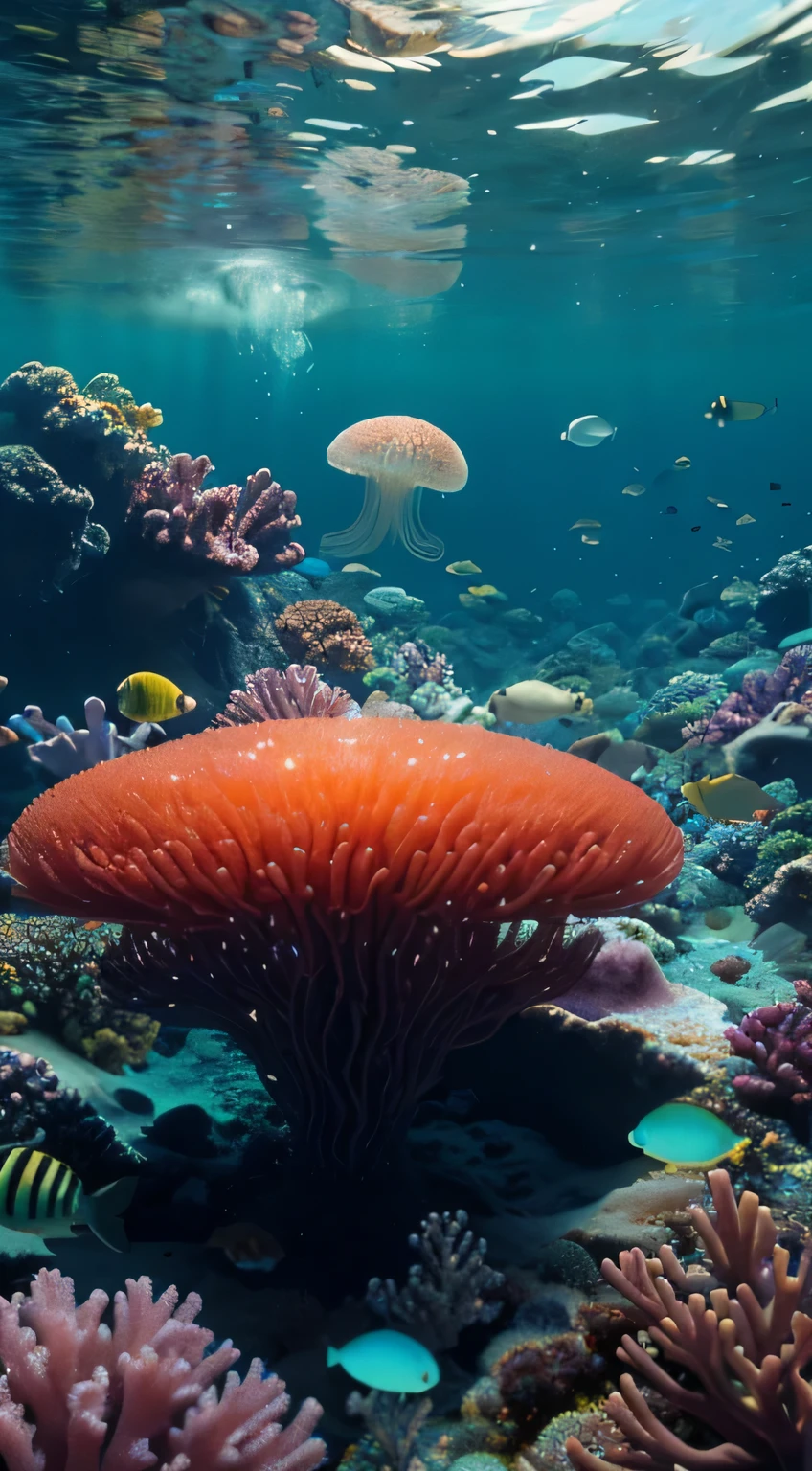 masterpiece, best quality, (Very detailed CG unified 8k wallpaper), (best quality), (Best Illustration), (best shade), Ocean themed，Incorporate natural elements. tall mangrove forest, rich marine plants, glowing jellyfish, surrounded by fish, Glowing particle effect,, (marine plants), (marine theme), ((glowing algae)), (coral), ((glowing jellyfish )), ((Luminous organisms in seawater)), ((sea fire)), (((particle effect))), Isometric 3D, octane rendering, Ray tracing, super detailed