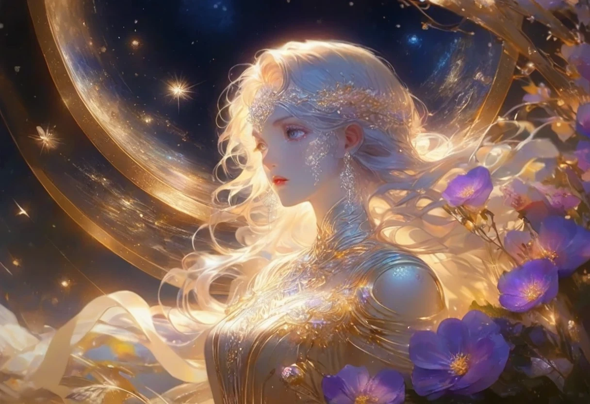 A girl standing alone under the starry night sky, with her silhouette illuminated by the soft moonlight and twinkling stars. Her face is beautifully detailed, with mesmerizing eyes that seem to reflect the universe itself, long and fluttering eyelashes, and exquisitely defined lips. She is dressed in an elegant gown, flowing and ethereal, embracing her figure gracefully as it glimmers with a subtle celestial glow. The intricate details of her dress catch the faint starlight, creating a mesmerizing sparkle. The surrounding landscape showcases a serene garden, lush with vibrant foliage and colorful flowers. The air is filled with a gentle breeze, causing the leaves to rustle and the flowers to sway delicately. The garden is bathed in a warm, dreamy color palette, with hues of deep blues, purples, and hints of silver. The atmosphere is calm and tranquil, evoking a sense of peace and serenity. The artwork is of the highest quality, meticulously created with ultra-detailed brushstrokes and precise attention to every element. The texture and depth of the painting are breathtaking, with a sense of realism and photorealism that captures the awe-inspiring beauty of the night sky. The lighting is soft and diffused, casting a gentle glow over the entire scene, enhancing the magical ambiance. The girl's presence radiates a sense of mystery and wonder, as if she holds a secret connected to the celestial beings above. The overall composition evokes a feeling of timelessness and captures the essence of a StarSign, an artwork that embodies the celestial beauty and inner strength of a girl in harmony with the stars.