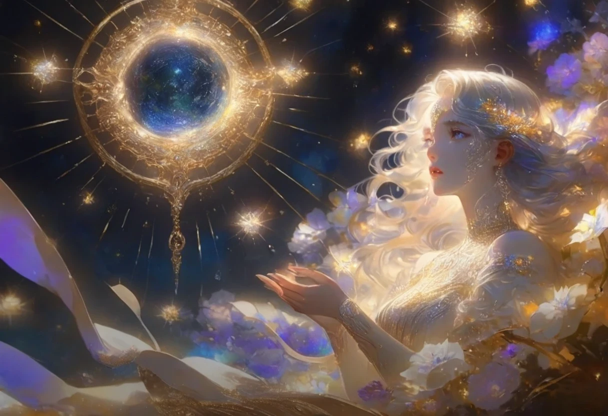 A girl standing alone under the starry night sky, with her silhouette illuminated by the soft moonlight and twinkling stars. Her face is beautifully detailed, with mesmerizing eyes that seem to reflect the universe itself, long and fluttering eyelashes, and exquisitely defined lips. She is dressed in an elegant gown, flowing and ethereal, embracing her figure gracefully as it glimmers with a subtle celestial glow. The intricate details of her dress catch the faint starlight, creating a mesmerizing sparkle. The surrounding landscape showcases a serene garden, lush with vibrant foliage and colorful flowers. The air is filled with a gentle breeze, causing the leaves to rustle and the flowers to sway delicately. The garden is bathed in a warm, dreamy color palette, with hues of deep blues, purples, and hints of silver. The atmosphere is calm and tranquil, evoking a sense of peace and serenity. The artwork is of the highest quality, meticulously created with ultra-detailed brushstrokes and precise attention to every element. The texture and depth of the painting are breathtaking, with a sense of realism and photorealism that captures the awe-inspiring beauty of the night sky. The lighting is soft and diffused, casting a gentle glow over the entire scene, enhancing the magical ambiance. The girl's presence radiates a sense of mystery and wonder, as if she holds a secret connected to the celestial beings above. The overall composition evokes a feeling of timelessness and captures the essence of a StarSign, an artwork that embodies the celestial beauty and inner strength of a girl in harmony with the stars.
