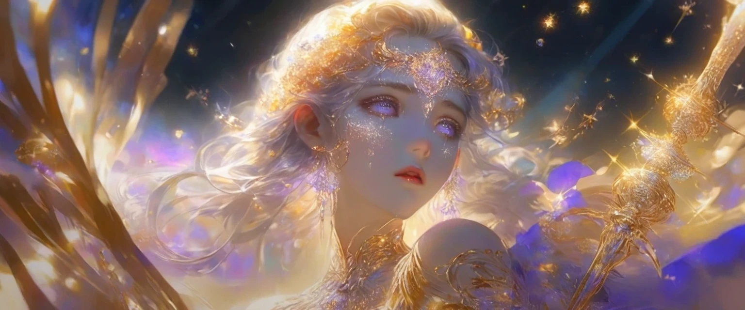 A girl standing alone under the starry night sky, with her silhouette illuminated by the soft moonlight and twinkling stars. Her face is beautifully detailed, with mesmerizing eyes that seem to reflect the universe itself, long and fluttering eyelashes, and exquisitely defined lips. She is dressed in an elegant gown, flowing and ethereal, embracing her figure gracefully as it glimmers with a subtle celestial glow. The intricate details of her dress catch the faint starlight, creating a mesmerizing sparkle. The surrounding landscape showcases a serene garden, lush with vibrant foliage and colorful flowers. The air is filled with a gentle breeze, causing the leaves to rustle and the flowers to sway delicately. The garden is bathed in a warm, dreamy color palette, with hues of deep blues, purples, and hints of silver. The atmosphere is calm and tranquil, evoking a sense of peace and serenity. The artwork is of the highest quality, meticulously created with ultra-detailed brushstrokes and precise attention to every element. The texture and depth of the painting are breathtaking, with a sense of realism and photorealism that captures the awe-inspiring beauty of the night sky. The lighting is soft and diffused, casting a gentle glow over the entire scene, enhancing the magical ambiance. The girl's presence radiates a sense of mystery and wonder, as if she holds a secret connected to the celestial beings above. The overall composition evokes a feeling of timelessness and captures the essence of a StarSign, an artwork that embodies the celestial beauty and inner strength of a girl in harmony with the stars.