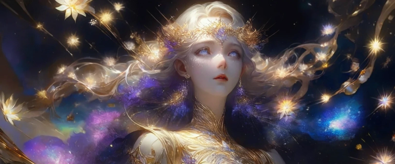 A girl standing alone under the starry night sky, with her silhouette illuminated by the soft moonlight and twinkling stars. Her face is beautifully detailed, with mesmerizing eyes that seem to reflect the universe itself, long and fluttering eyelashes, and exquisitely defined lips. She is dressed in an elegant gown, flowing and ethereal, embracing her figure gracefully as it glimmers with a subtle celestial glow. The intricate details of her dress catch the faint starlight, creating a mesmerizing sparkle. The surrounding landscape showcases a serene garden, lush with vibrant foliage and colorful flowers. The air is filled with a gentle breeze, causing the leaves to rustle and the flowers to sway delicately. The garden is bathed in a warm, dreamy color palette, with hues of deep blues, purples, and hints of silver. The atmosphere is calm and tranquil, evoking a sense of peace and serenity. The artwork is of the highest quality, meticulously created with ultra-detailed brushstrokes and precise attention to every element. The texture and depth of the painting are breathtaking, with a sense of realism and photorealism that captures the awe-inspiring beauty of the night sky. The lighting is soft and diffused, casting a gentle glow over the entire scene, enhancing the magical ambiance. The girl's presence radiates a sense of mystery and wonder, as if she holds a secret connected to the celestial beings above. The overall composition evokes a feeling of timelessness and captures the essence of a StarSign, an artwork that embodies the celestial beauty and inner strength of a girl in harmony with the stars.