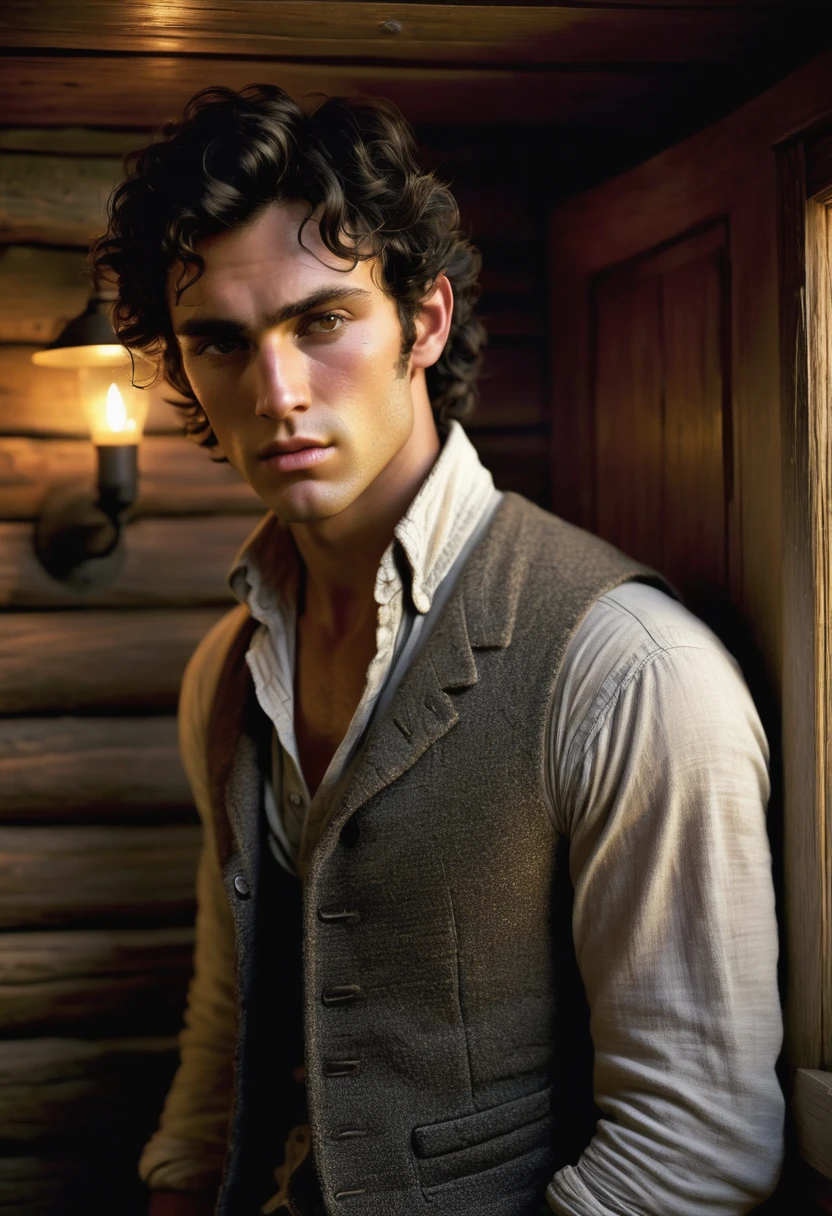 (highly detailed, soft light, photorealistic, dynamic light; cinematic); victorian era; 1820s; 24 years old man; Greek; 1820s Anglican priest; incredibly attractive; dark and brooding; masculine yet beautiful; helpless longing stare; confused expression; Adonis; moody; intense; hooked Greek nose; sensual; amorous air; very attractive; lean figure; olive skin; stubble; hazel-green eyes; thick strong dark-brown eyebrows; long full sideburns; 1820s brown woolen work clothes, unbuttoned, hairy chest showing; short tousled dark-brown wavy hair; full luscious moist lips, parted; mouth slightly open; standing in a cosy candle-lit log cabin in 1820's Canada; looking at camera
